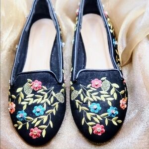 Topshop Black Loafers with Floral Embroidery & Rhinestones
